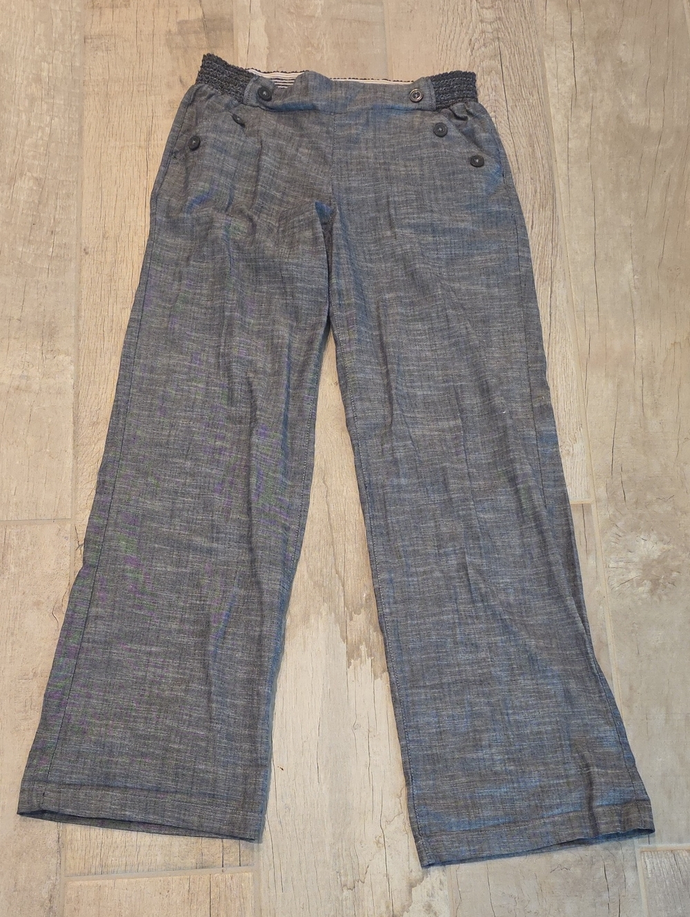 Wide Leg Black & White Linen-Blend Pants With Elastic Waist & Button Detail